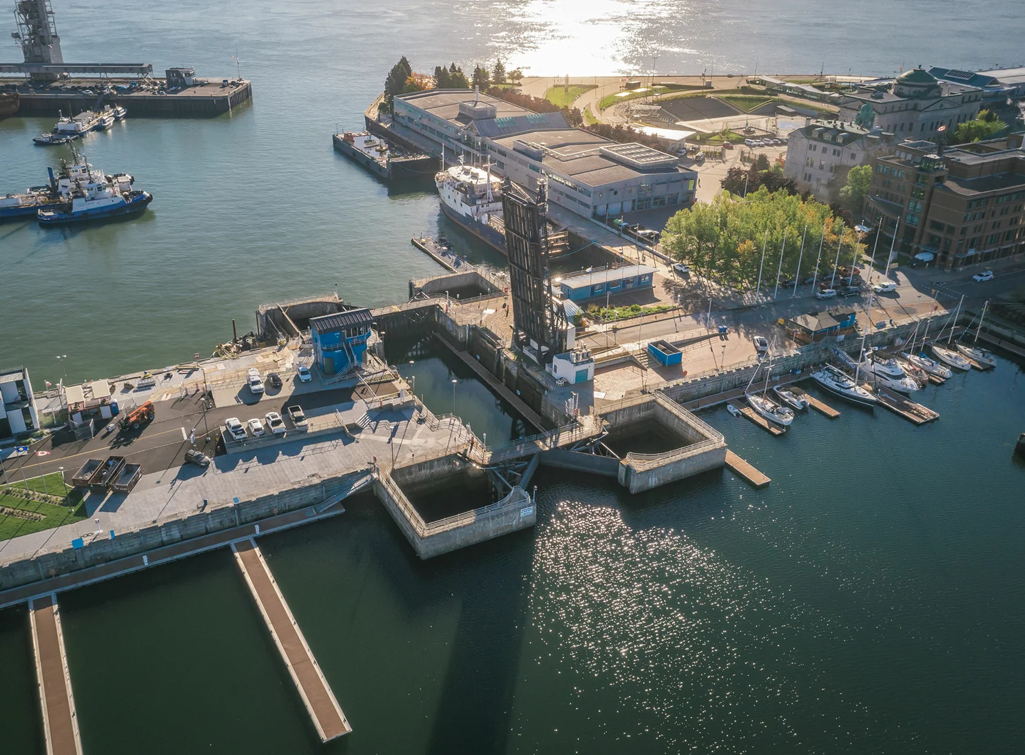 Aerial view of the marina lock at the Port de Québec.