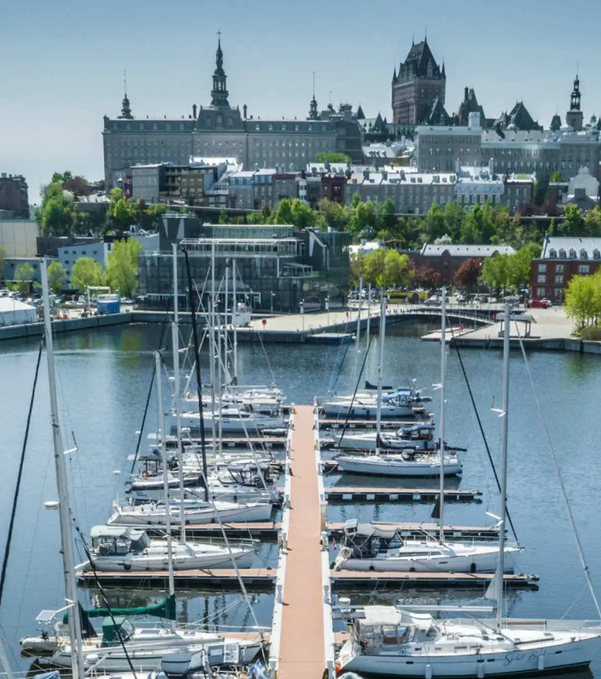 Image of a dock, some boats and important building of the city